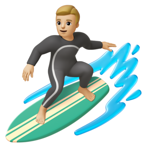 Emoji Người đàn ông lướt sóng: màu da sáng trung bình 🏄🏼‍♂ dạng 3D
