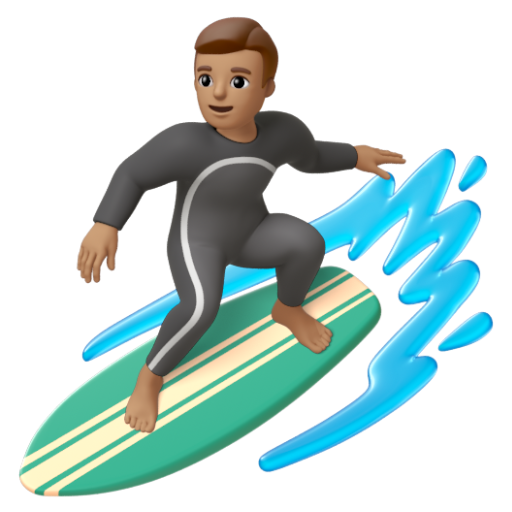 Emoji Người đàn ông lướt sóng: màu da trung bình 🏄🏽‍♂ dạng 3D
