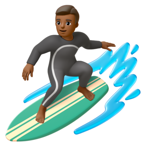 Emoji Người đàn ông lướt sóng: màu da tối trung bình 🏄🏾‍♂ dạng 3D