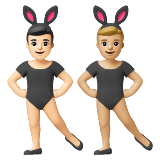 Emoji Những người đàn ông đeo tai thỏ: màu da sáng, màu da sáng trung bình 👨🏻‍🐰‍👨🏼 dạng 3D