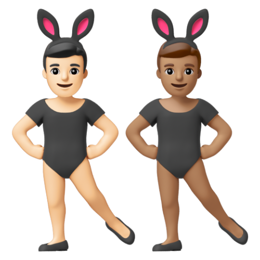 Emoji Những người đàn ông đeo tai thỏ: màu da sáng, màu da trung bình 👨🏻‍🐰‍👨🏽 dạng 3D