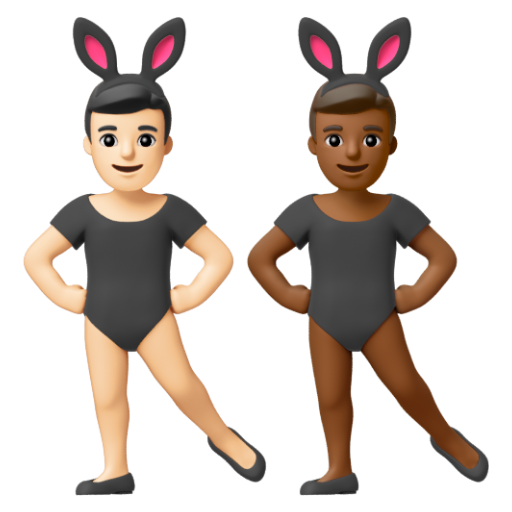 Emoji Những người đàn ông đeo tai thỏ: màu da sáng, màu da tối trung bình 👨🏻‍🐰‍👨🏾 dạng 3D