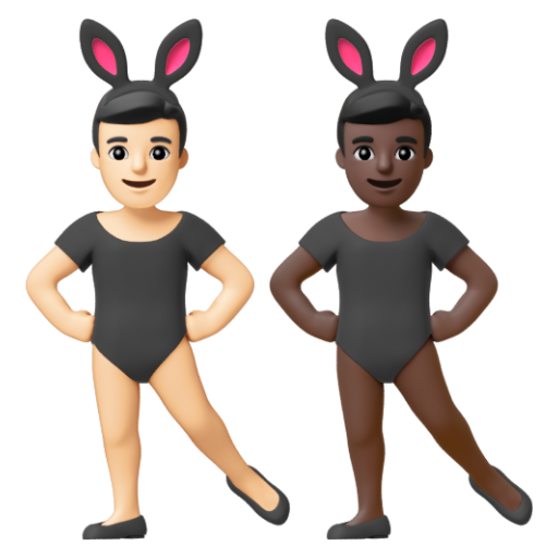 Emoji Những người đàn ông đeo tai thỏ: màu da sáng, màu da tối 👨🏻‍🐰‍👨🏿 dạng 3D