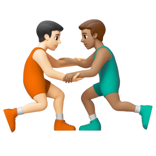 Emoji Những người đàn ông chơi vật: màu da sáng, màu da trung bình 👨🏻‍🫯‍👨🏽 dạng 3D