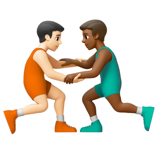 Emoji Những người đàn ông chơi vật: màu da sáng, màu da tối trung bình 👨🏻‍🫯‍👨🏾 dạng 3D