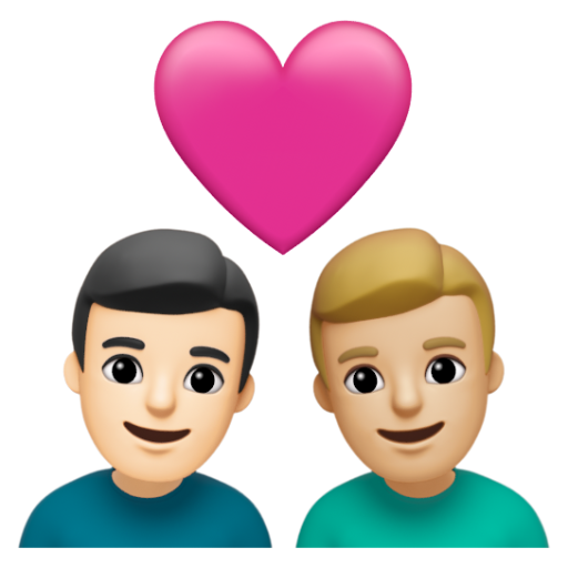 Emoji Cặp đôi với trái tim: đàn ông, đàn ông, màu da sáng, màu da sáng trung bình 👨🏻‍❤‍👨🏼 dạng 3D