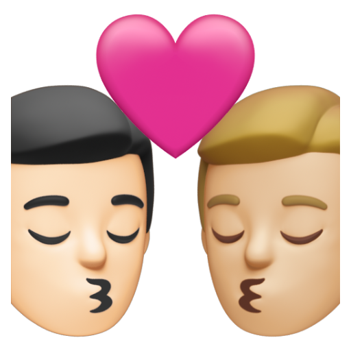 Emoji Nụ hôn: đàn ông, đàn ông, màu da sáng, màu da sáng trung bình 👨🏻‍❤‍💋‍👨🏼 dạng 3D