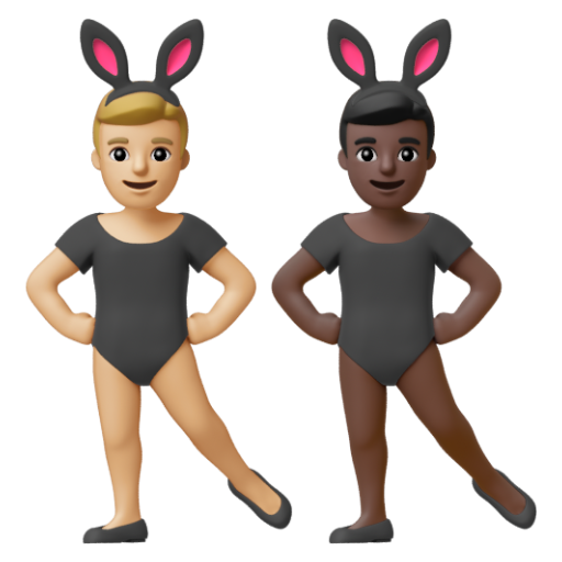 Emoji Những người đàn ông đeo tai thỏ: màu da sáng trung bình, màu da tối 👨🏼‍🐰‍👨🏿 dạng 3D
