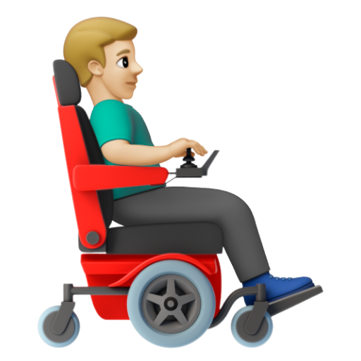 Emoji Người đàn ông trên xe lăn điện: màu da sáng trung bình, hướng sang phải 👨🏼‍🦼‍➡ dạng 3D