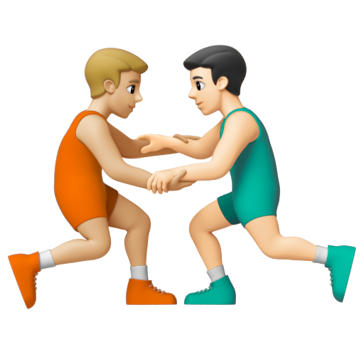 Emoji Những người đàn ông chơi vật: màu da sáng trung bình, màu da sáng 👨🏼‍🫯‍👨🏻 dạng 3D