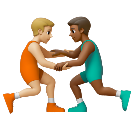 Emoji Những người đàn ông chơi vật: màu da sáng trung bình, màu da tối trung bình 👨🏼‍🫯‍👨🏾 dạng 3D