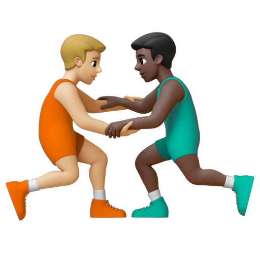 Emoji Những người đàn ông chơi vật: màu da sáng trung bình, màu da tối 👨🏼‍🫯‍👨🏿 dạng 3D