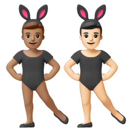 Emoji Những người đàn ông đeo tai thỏ: màu da trung bình, màu da sáng 👨🏽‍🐰‍👨🏻 dạng 3D