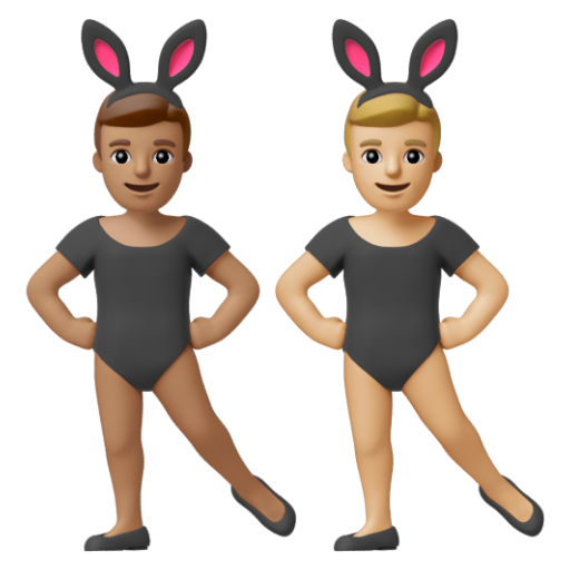 Emoji Những người đàn ông đeo tai thỏ: màu da trung bình, màu da sáng trung bình 👨🏽‍🐰‍👨🏼 dạng 3D