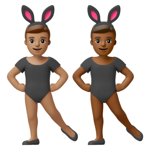 Emoji Những người đàn ông đeo tai thỏ: màu da trung bình, màu da tối trung bình 👨🏽‍🐰‍👨🏾 dạng 3D