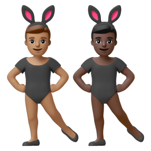 Emoji Những người đàn ông đeo tai thỏ: màu da trung bình, màu da tối 👨🏽‍🐰‍👨🏿 dạng 3D