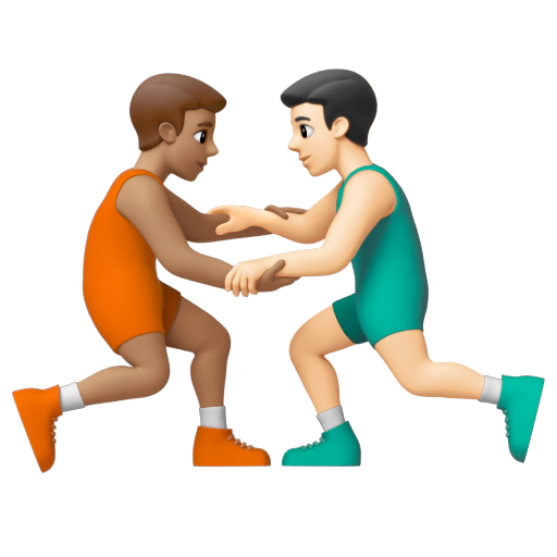 Emoji Những người đàn ông chơi vật: màu da trung bình, màu da sáng 👨🏽‍🫯‍👨🏻 dạng 3D