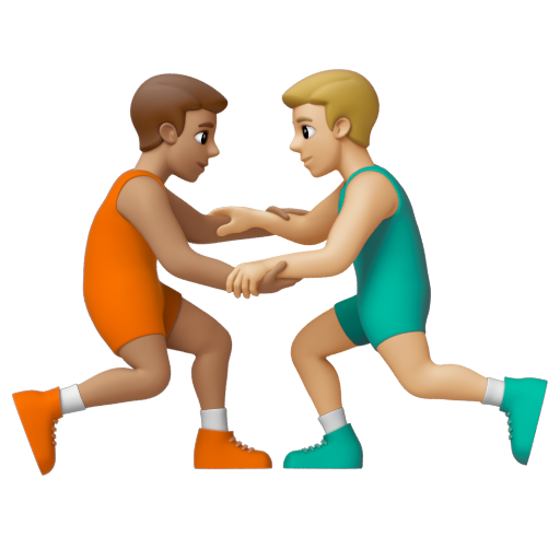 Emoji Những người đàn ông chơi vật: màu da trung bình, màu da sáng trung bình 👨🏽‍🫯‍👨🏼 dạng 3D
