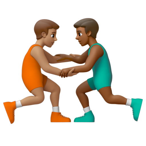 Emoji Những người đàn ông chơi vật: màu da trung bình, màu da tối trung bình 👨🏽‍🫯‍👨🏾 dạng 3D