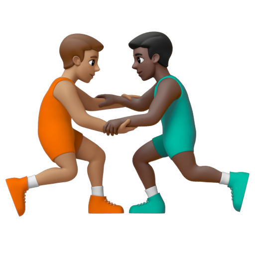 Emoji Những người đàn ông chơi vật: màu da trung bình, màu da tối 👨🏽‍🫯‍👨🏿 dạng 3D