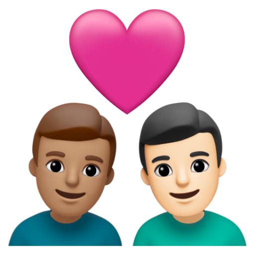 Emoji Cặp đôi với trái tim: đàn ông, đàn ông, màu da trung bình, màu da sáng 👨🏽‍❤‍👨🏻 dạng 3D