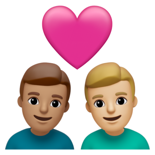 Emoji Cặp đôi với trái tim: đàn ông, đàn ông, màu da trung bình, màu da sáng trung bình 👨🏽‍❤‍👨🏼 dạng 3D