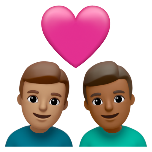 Emoji Cặp đôi với trái tim: đàn ông, đàn ông, màu da trung bình, màu da tối trung bình 👨🏽‍❤‍👨🏾 dạng 3D