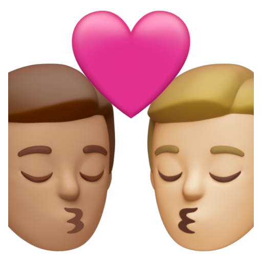 Emoji Nụ hôn: đàn ông, đàn ông, màu da trung bình, màu da sáng trung bình 👨🏽‍❤‍💋‍👨🏼 dạng 3D