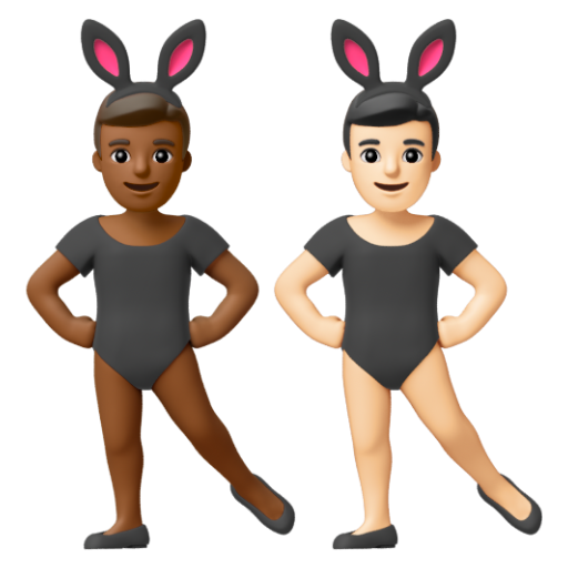 Emoji Những người đàn ông đeo tai thỏ: màu da tối trung bình, màu da sáng 👨🏾‍🐰‍👨🏻 dạng 3D