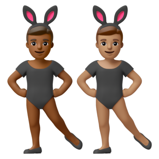Emoji Những người đàn ông đeo tai thỏ: màu da tối trung bình, màu da trung bình 👨🏾‍🐰‍👨🏽 dạng 3D