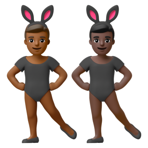 Emoji Những người đàn ông đeo tai thỏ: màu da tối trung bình, màu da tối 👨🏾‍🐰‍👨🏿 dạng 3D