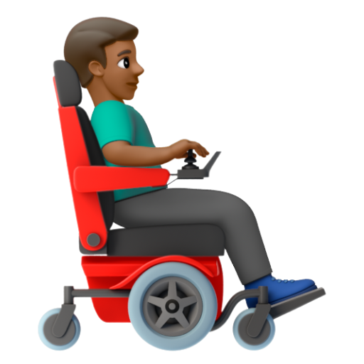 Emoji Người đàn ông trên xe lăn điện: màu da tối trung bình, hướng sang phải 👨🏾‍🦼‍➡ dạng 3D
