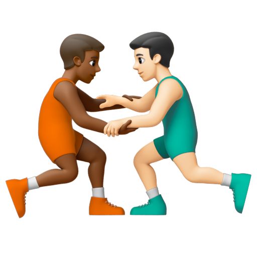 Emoji Những người đàn ông chơi vật: màu da tối trung bình, màu da sáng 👨🏾‍🫯‍👨🏻 dạng 3D