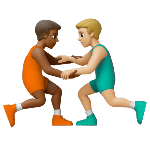 Emoji Những người đàn ông chơi vật: màu da tối trung bình, màu da sáng trung bình 👨🏾‍🫯‍👨🏼 dạng 3D