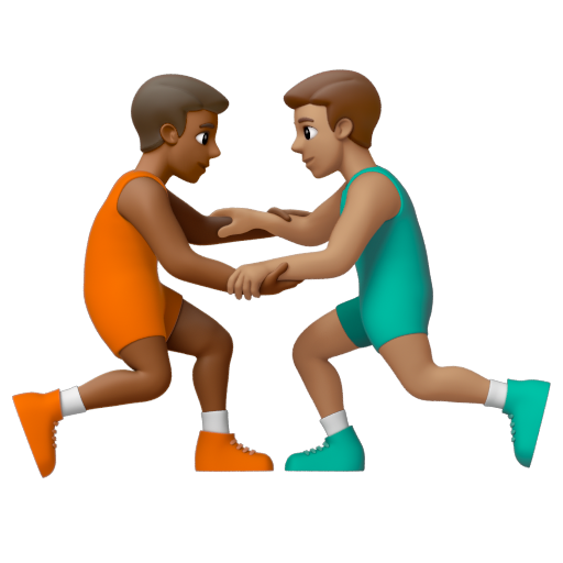 Emoji Những người đàn ông chơi vật: màu da tối trung bình, màu da trung bình 👨🏾‍🫯‍👨🏽 dạng 3D