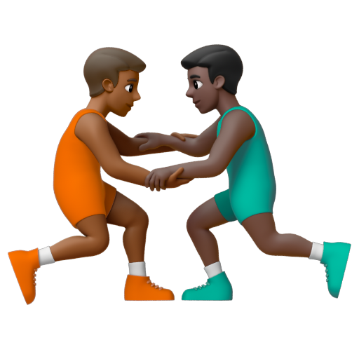 Emoji Những người đàn ông chơi vật: màu da tối trung bình, màu da tối 👨🏾‍🫯‍👨🏿 dạng 3D