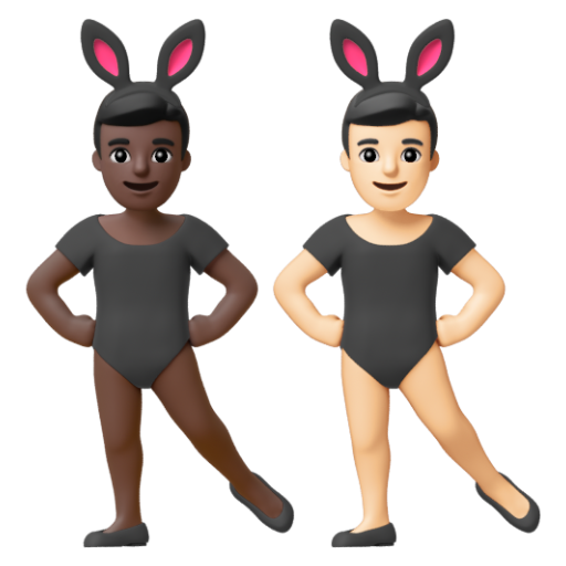 Emoji Những người đàn ông đeo tai thỏ: màu da tối, màu da sáng 👨🏿‍🐰‍👨🏻 dạng 3D