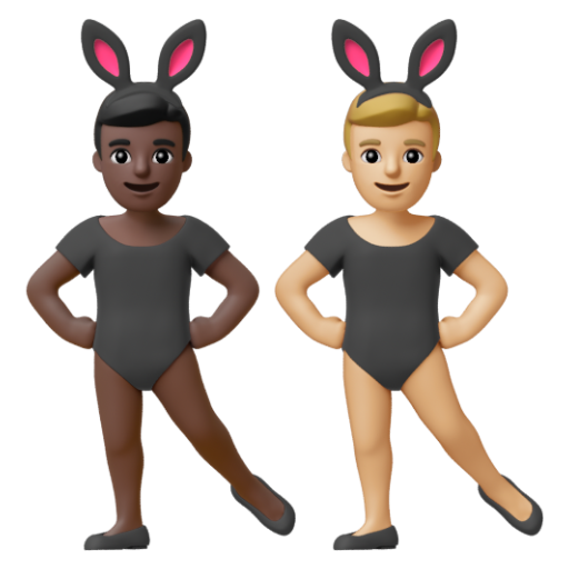 Emoji Những người đàn ông đeo tai thỏ: màu da tối, màu da sáng trung bình 👨🏿‍🐰‍👨🏼 dạng 3D