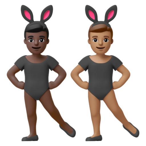 Emoji Những người đàn ông đeo tai thỏ: màu da tối, màu da trung bình 👨🏿‍🐰‍👨🏽 dạng 3D