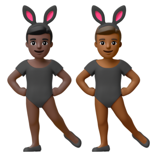 Emoji Những người đàn ông đeo tai thỏ: màu da tối, màu da tối trung bình 👨🏿‍🐰‍👨🏾 dạng 3D