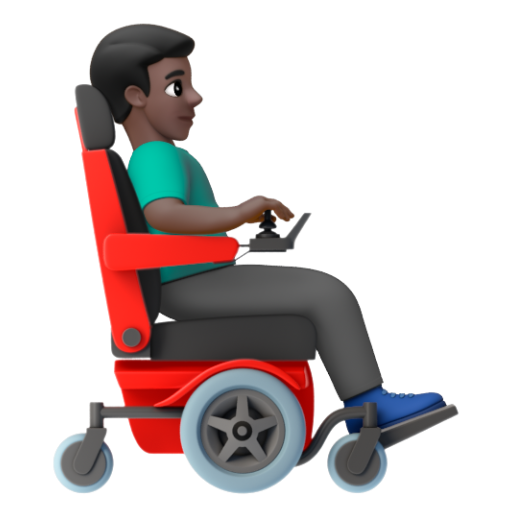 Emoji Người đàn ông trên xe lăn điện: màu da tối, hướng sang phải 👨🏿‍🦼‍➡ dạng 3D