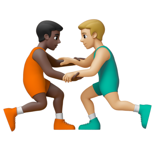 Emoji Những người đàn ông chơi vật: màu da tối, màu da sáng trung bình 👨🏿‍🫯‍👨🏼 dạng 3D