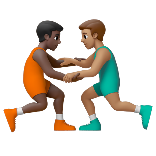 Emoji Những người đàn ông chơi vật: màu da tối, màu da trung bình 👨🏿‍🫯‍👨🏽 dạng 3D