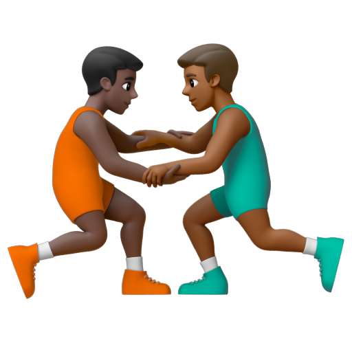 Emoji Những người đàn ông chơi vật: màu da tối, màu da tối trung bình 👨🏿‍🫯‍👨🏾 dạng 3D