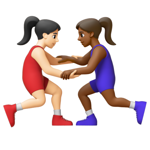 Emoji Những người phụ nữ chơi vật: màu da sáng, màu da tối trung bình 👩🏻‍🫯‍👩🏾 dạng 3D