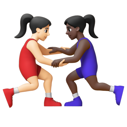 Emoji Những người phụ nữ chơi vật: màu da sáng, màu da tối 👩🏻‍🫯‍👩🏿 dạng 3D