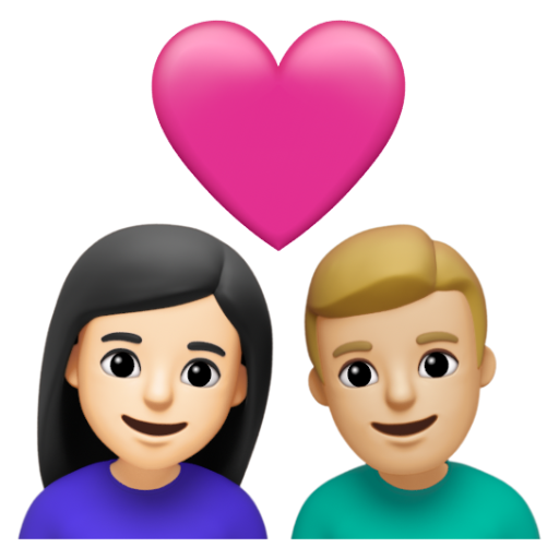 Emoji Cặp đôi với trái tim: phụ nữ, đàn ông, màu da sáng, màu da sáng trung bình 👩🏻‍❤‍👨🏼 dạng 3D