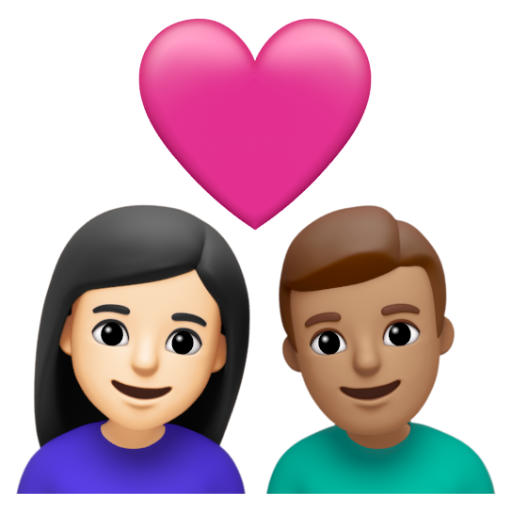 Emoji Cặp đôi với trái tim: phụ nữ, đàn ông, màu da sáng, màu da trung bình 👩🏻‍❤‍👨🏽 dạng 3D
