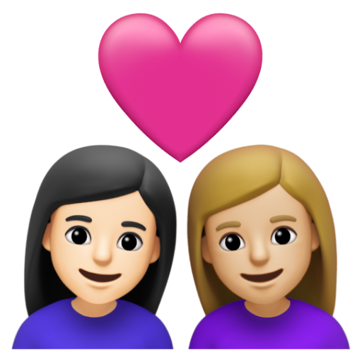 Emoji Cặp đôi với trái tim: phụ nữ, phụ nữ, màu da sáng, màu da sáng trung bình 👩🏻‍❤‍👩🏼 dạng 3D