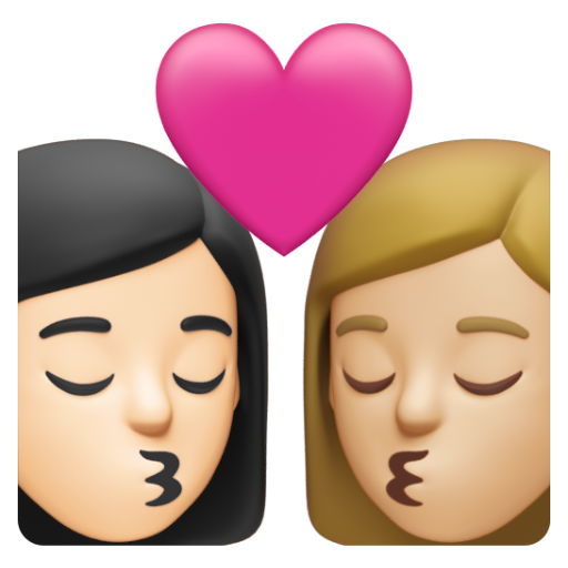 Emoji Nụ hôn: phụ nữ, phụ nữ, màu da sáng, màu da sáng trung bình 👩🏻‍❤‍💋‍👩🏼 dạng 3D